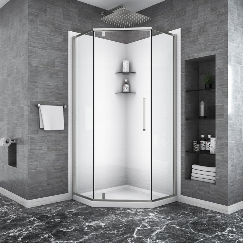 Shower Door 34-1/8" X 72" Semi-Frameless Neo-Angle Hinged Shower Enclosure, Brushed Nickel