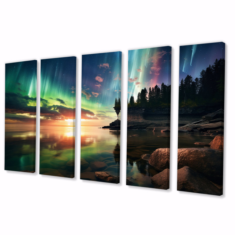 Magical Lake Landscape Aurora Borealis III - Northern Lights, reproduction sur toile - 5 panneaux égaux