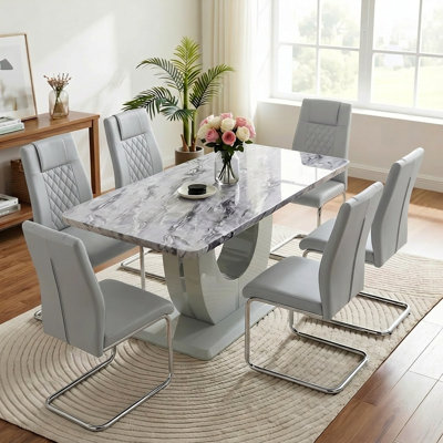 Kimara 7-Piece Modern 63" Rectangular Faux Marble Pedestal Dining Set
