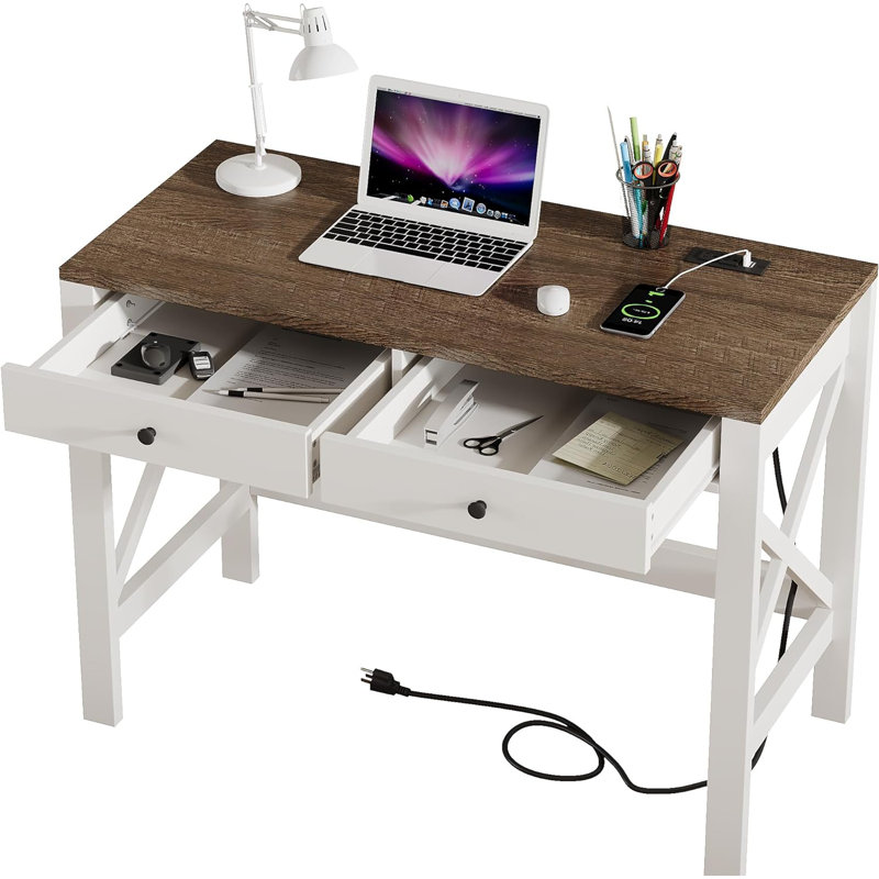Toisha Writing Desk with Power Outlet, Brown/White
