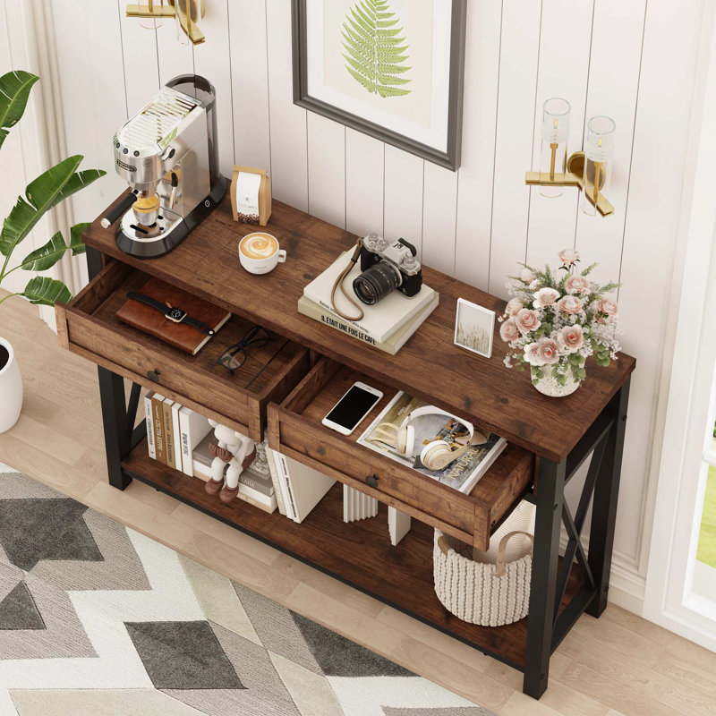 Aust 47.24'' Console Table With Drawers, Wood And Metal Sofa Table For Living Room, Industrial 2 Tier Entryway Table For Hallway, Foyer, Front Door, Entrance (Rustic Oak)
