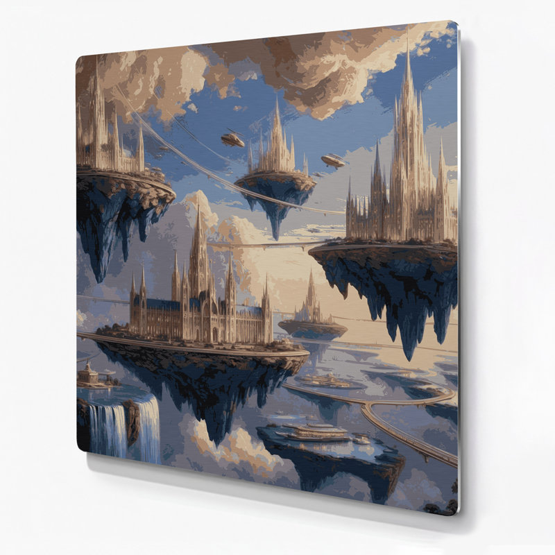 Art mural gris Sci Fi Floating Island Metropolis, H 144 po x l 144 po x P 0,05 po