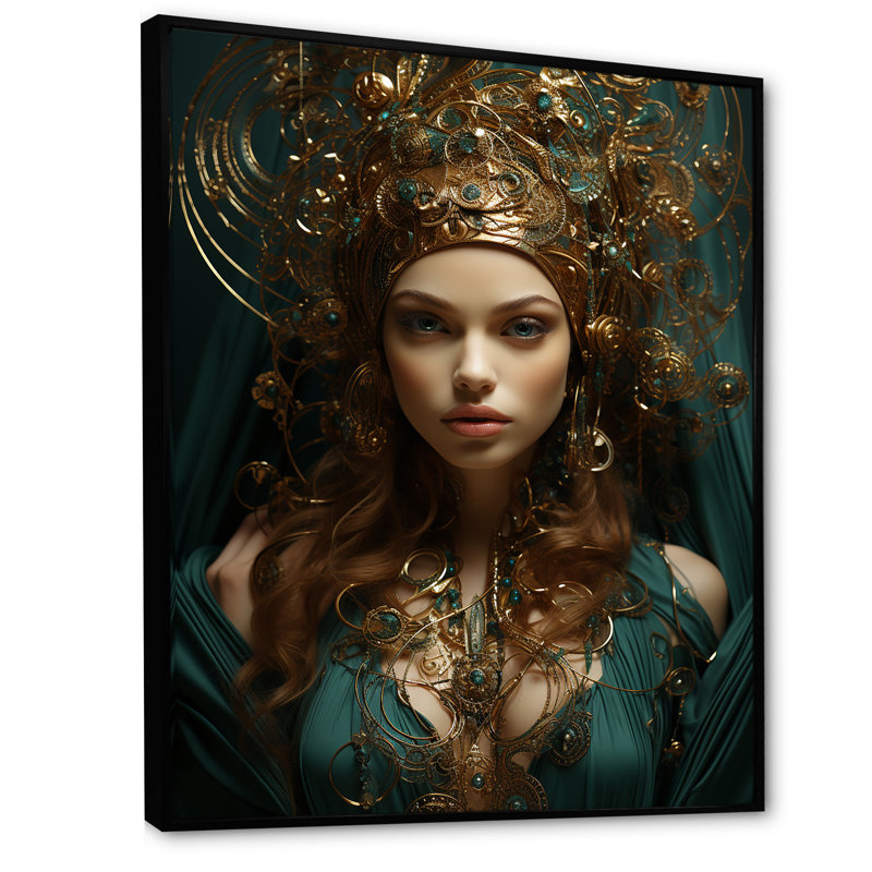 Or et vert reine de style femme II, Cadre flottant noir, 32" H x 16" W