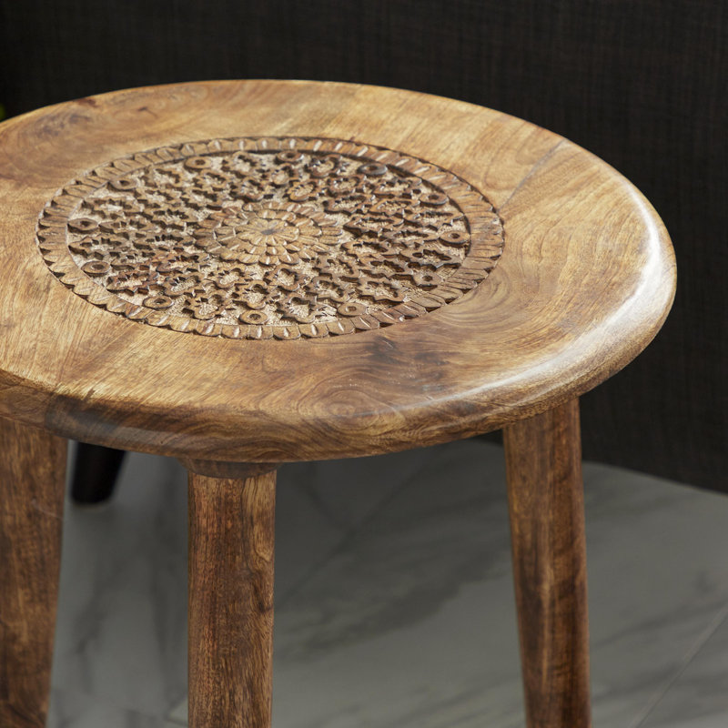 Anthea Mango Wood Handmade Intricately Carved Floral Side End Accent Table with 3 Slender Legs, Brown