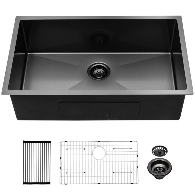 Évier encastré noir Gunmetal - 32 po x 19, 10 po, acier inoxydable de calibre 16, avec support de séchage pliable et grille de rinçage inférieure pour la cuisine, cuve profonde pour une fonctionnalité améliorée