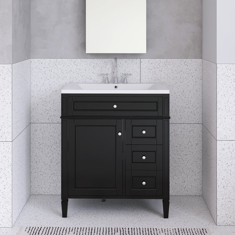 Meuble-lavabo 30 po avec lavabo supérieur, 2 tiroirs et un tiroir basculant, Noir, Argent