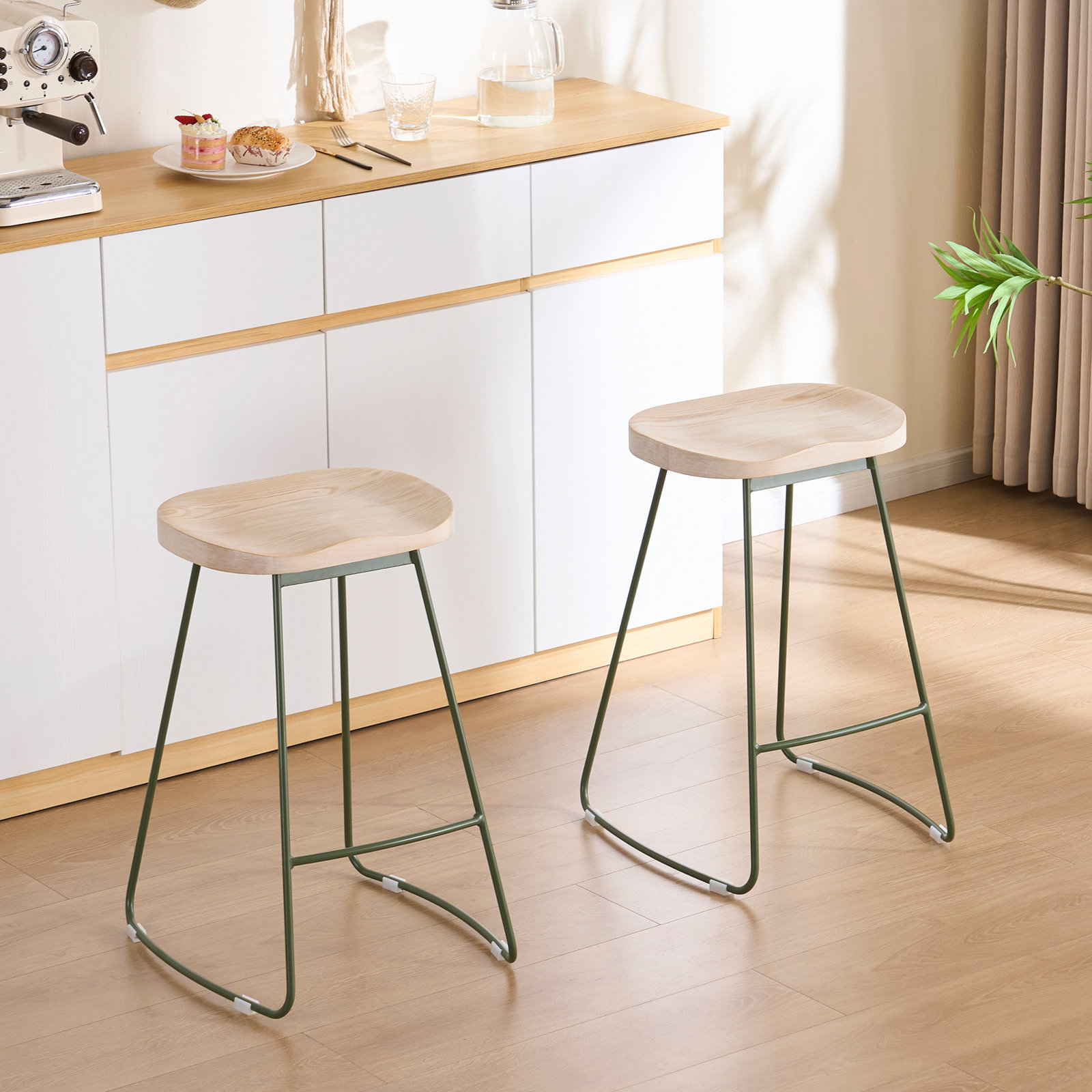 Dodger Solid Wood Stool, Green, Beige