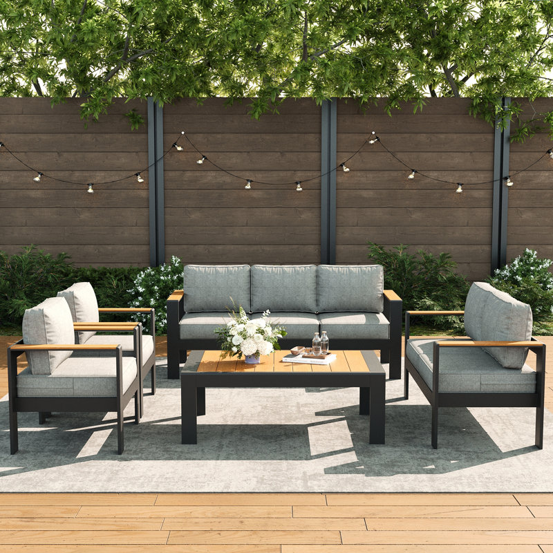 Outdoor Aluminum Furniture Set with Coffee Table, Modern Patio Conversation Sets for Porch, Backyard, Light Gray