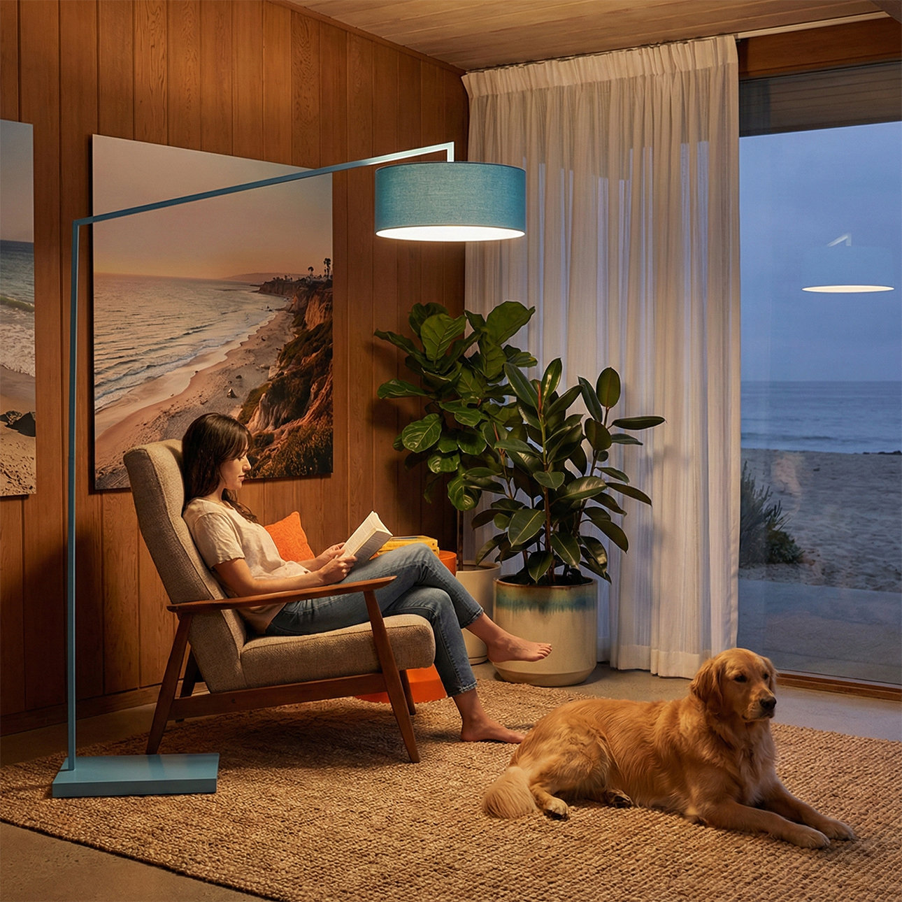 Stretch 1-Light Chairside Arc Lamp, Linen Shade, Body, Dimmable, for Living Room or Bedroom, Turquoise, 87''