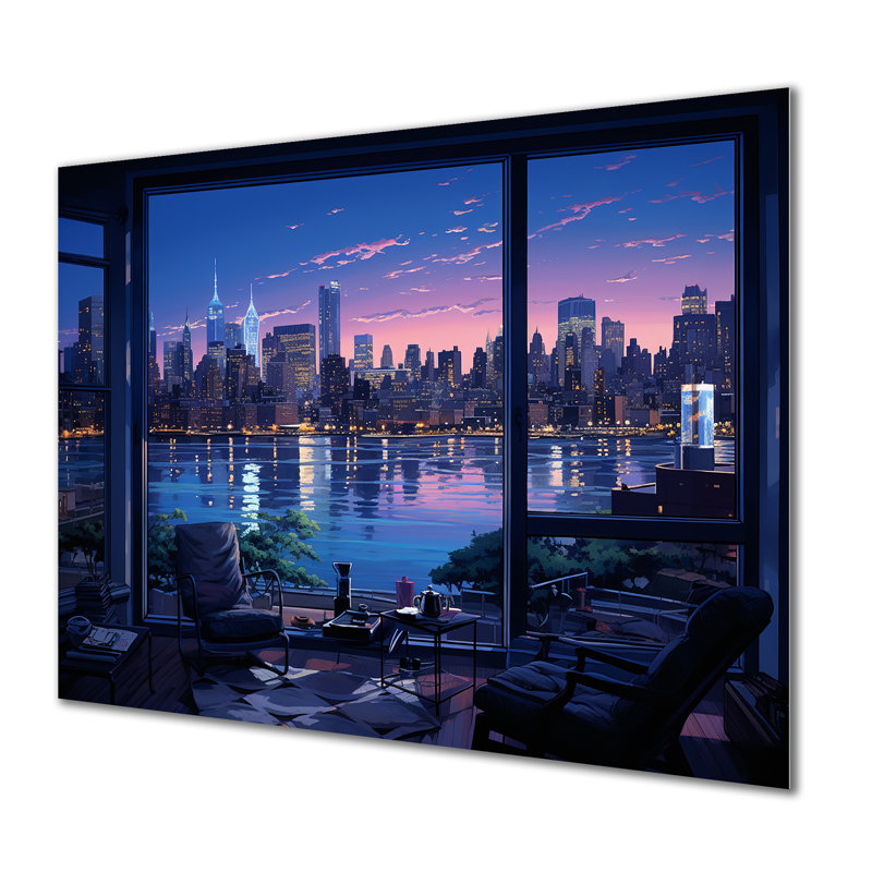 «Blue NYC At Night Window View III - New York City, art mural en métal MT135574, H 16 po x l 32 po x P 1 po