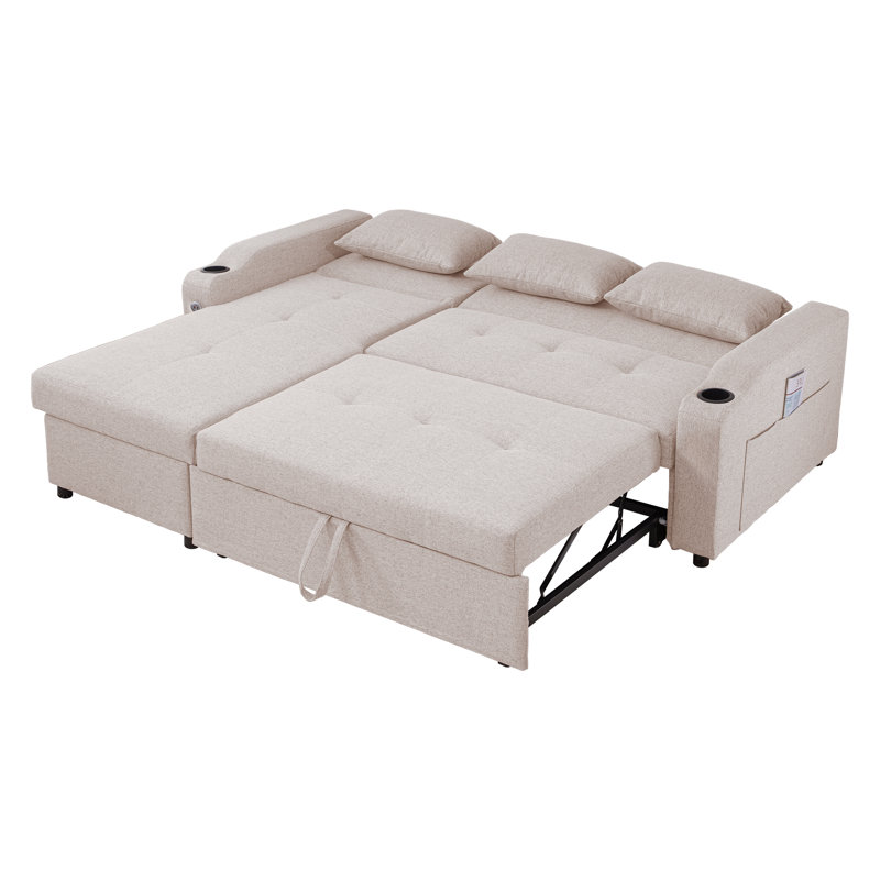 L-shaped Sectional Sofa With Pull Out Bed And Storage Chaise Lounge,usb Ports & Cup Holders, Beige 100% Linen