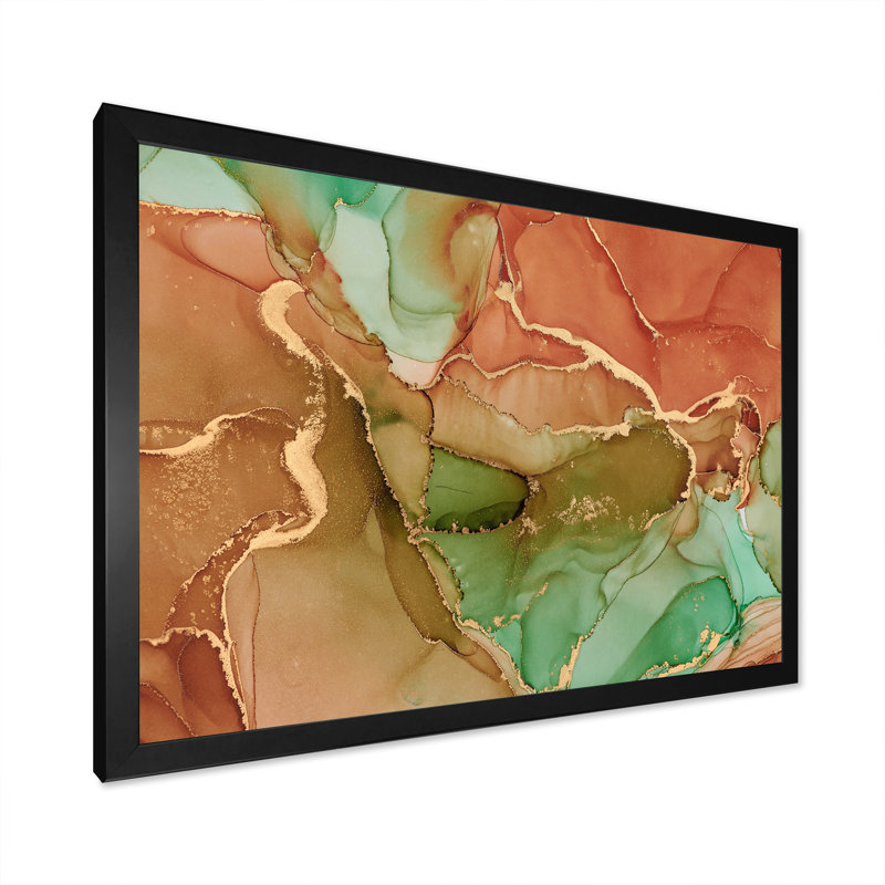 Turquoise et brun luxueux abstrait fluide V - peinture sur toile, H 30 po x l 40 po x P 1,5 po, Cadre noir
