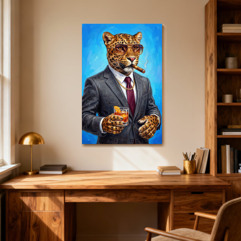 Animaux léopard en costume avec cigare et cocktail, H 36 po x l 24 po