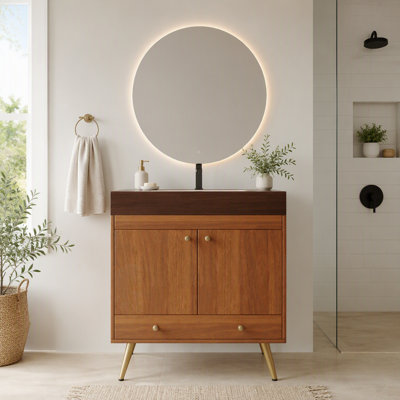 Meuble-lavabo autoportant contemporain avec plateau en faux marbre et lavabo en céramique, armoire de rangement à double porte 30 po, bois d'ingénierie imperméable