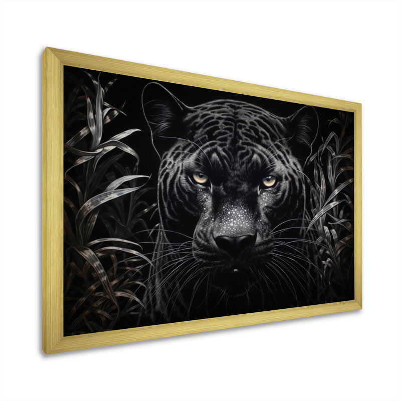 «Black Black Panther Nocturnal Majesty Scratchboard» - art mural encadré panthère, Cadre doré simple