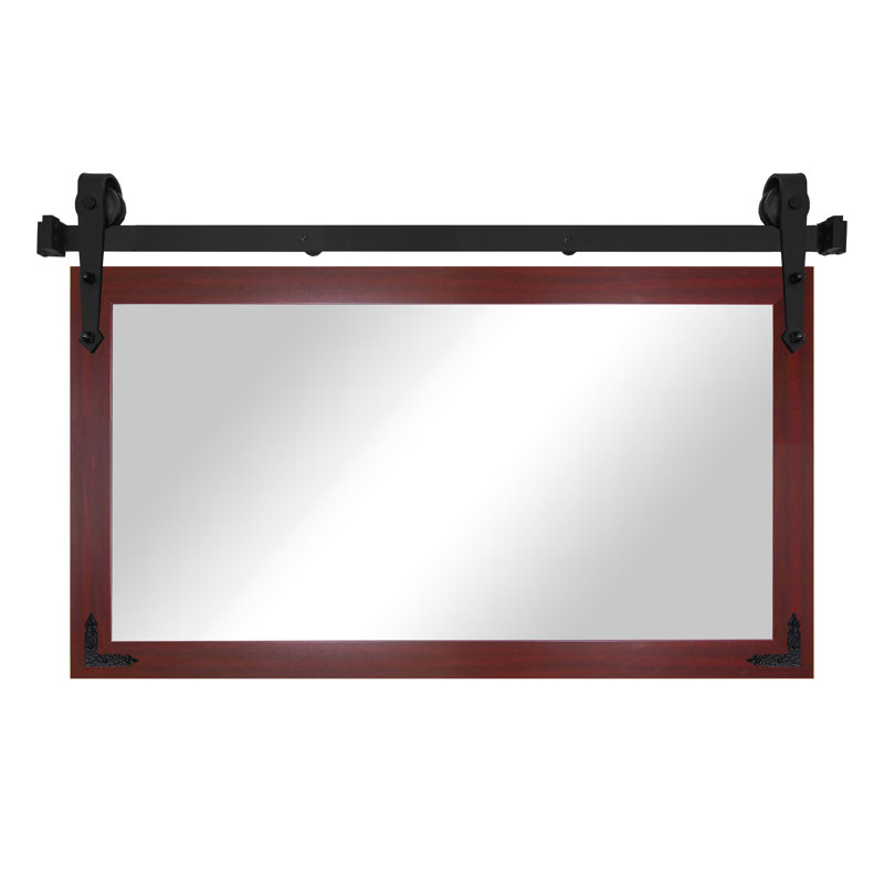 Miroir rustique moderne avec rail de porte de grange en acier et supports de coin décoratifs en métal, 26x33, Acajou foncé