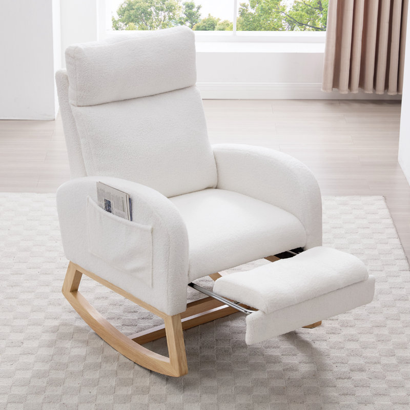 Chaise berçante en tissu Teddy avec repose-pieds réglable et pochette de rangement, Blanc