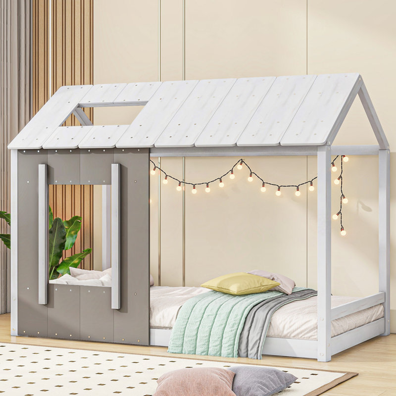 Plateforme pour lit simple avec toit et fenêtre, Blanc