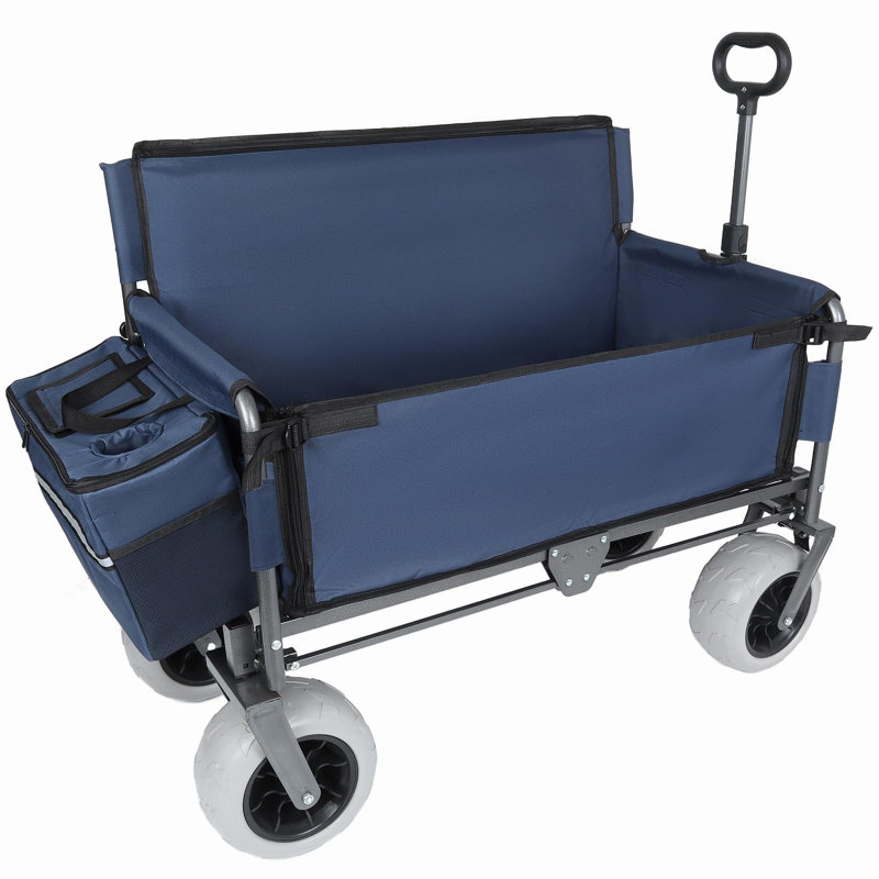 Chariot pliant 3-en-1 avec siège de banc - Protection brevetée, capacité de 500 lb, pneus de plage 9 po x 4 po pour le camping et la plage, bleu foncé