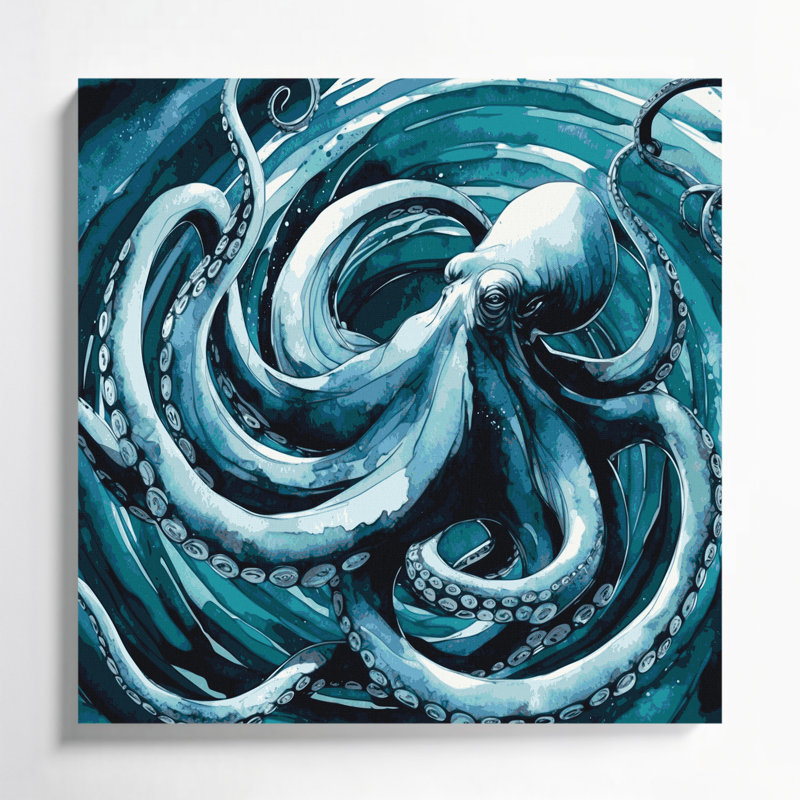 Nautique, pieuvre bleue, art mural sur toile, H 16 po x l 16 po