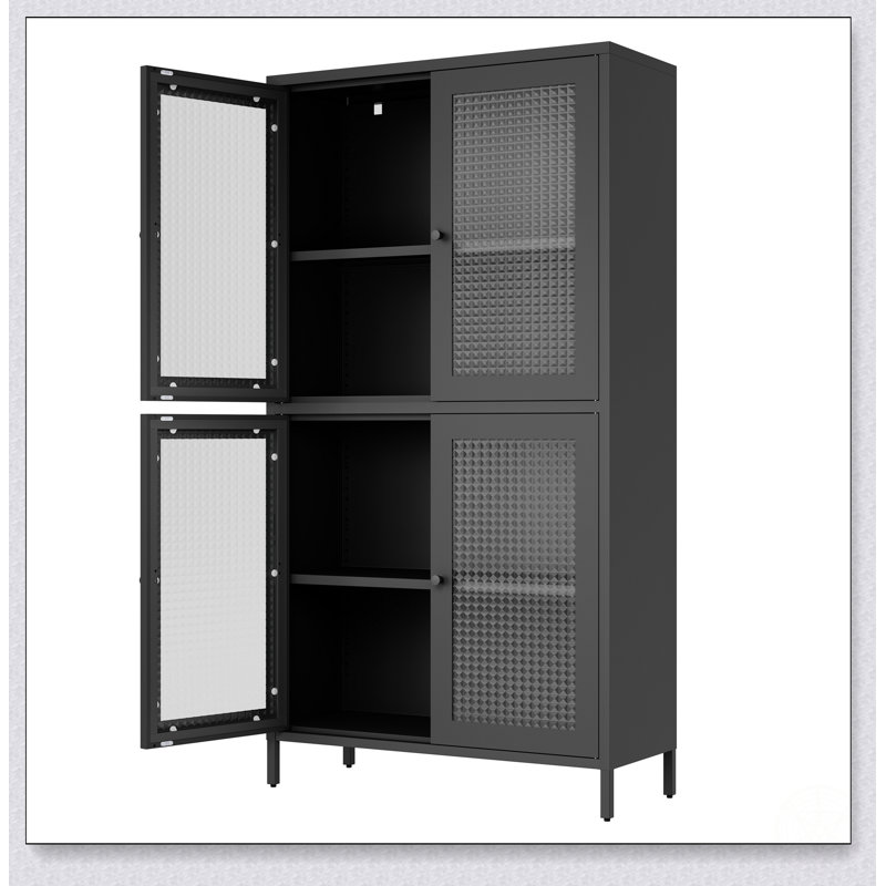 Classic Metal Storage Cabinet With 4 Glass Doors And 4 Shelves, Waffle Grids Tempered Glass For Home And Office