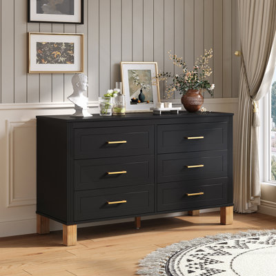 Commode 6 tiroirs, commode de rangement moderne avec poignées en métal et pieds en bois massif