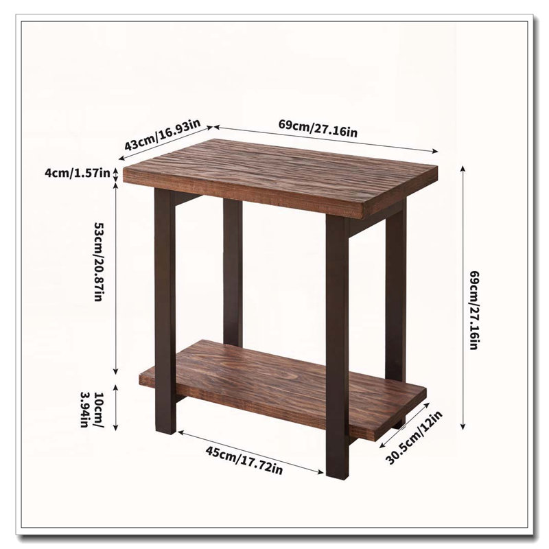 2-Tier Industrial Solid Wood End Table with Leveling Feet