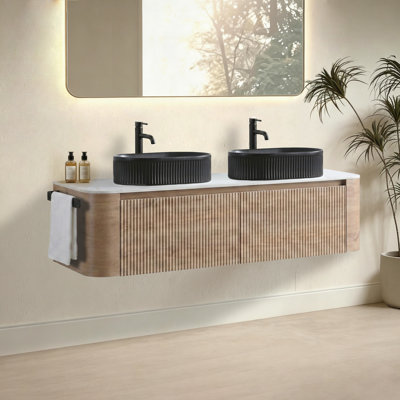 Meuble-lavabo de 60 po avec lavabo, armoire murale en chêne miel avec porte-serviettes gratuit, deux lavabos en céramique à rayures ovales noires