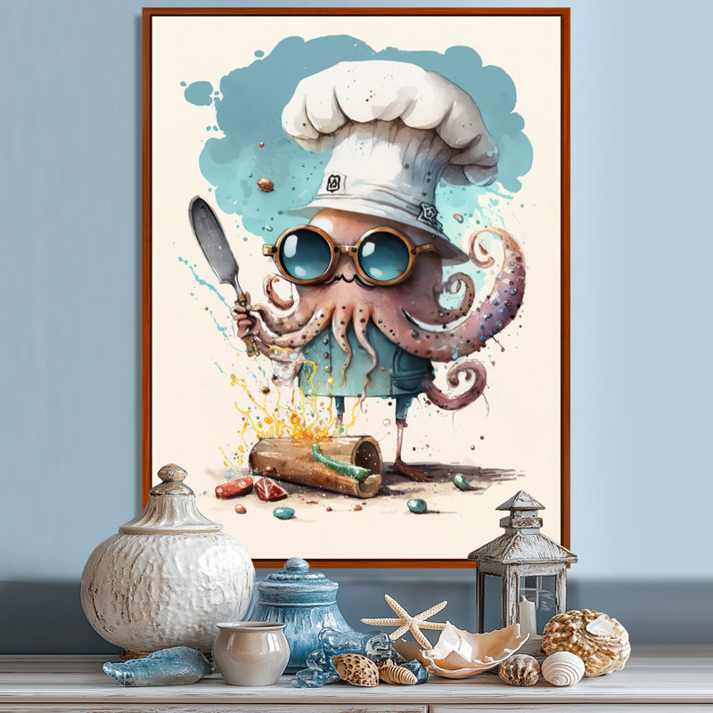 Pieuvre dans la cuisine - reproduction sur toile,  H 20 po x l 12 po , Cadre flottant brun