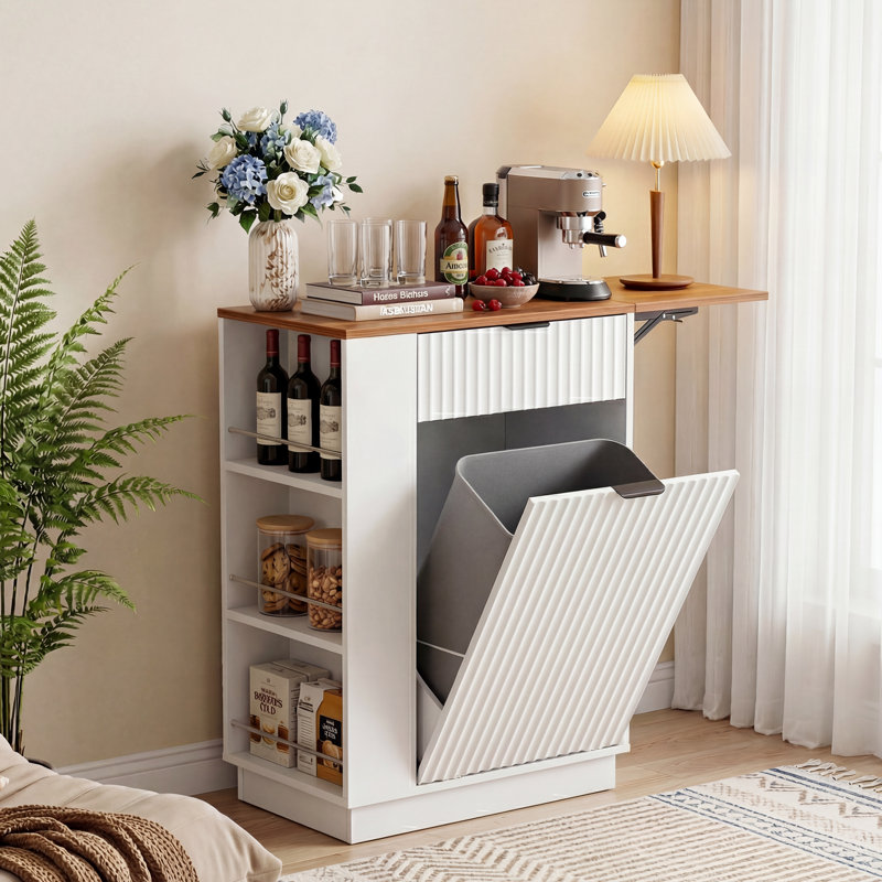 Îlot de cuisine extensible avec poubelle cachée - Armoire poubelle coulissante avec tablettes de rangement et tiroir, blanc et noyer