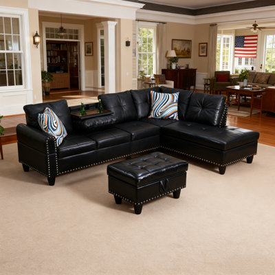 Ensemble de canapé noir avec repose-pieds, table basse réversible et méridienne fendue