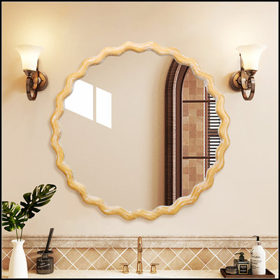 Miroir mural rond ondulé pour la salle de bain, la chambre à coucher et le salon avec cadre de ferme en bois et bordure blanchie