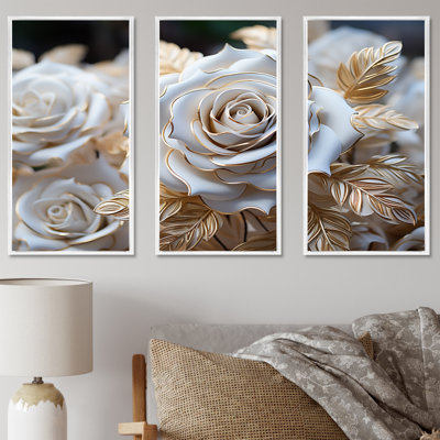 Ensemble de salon art mural blanc et or rose passion - roses