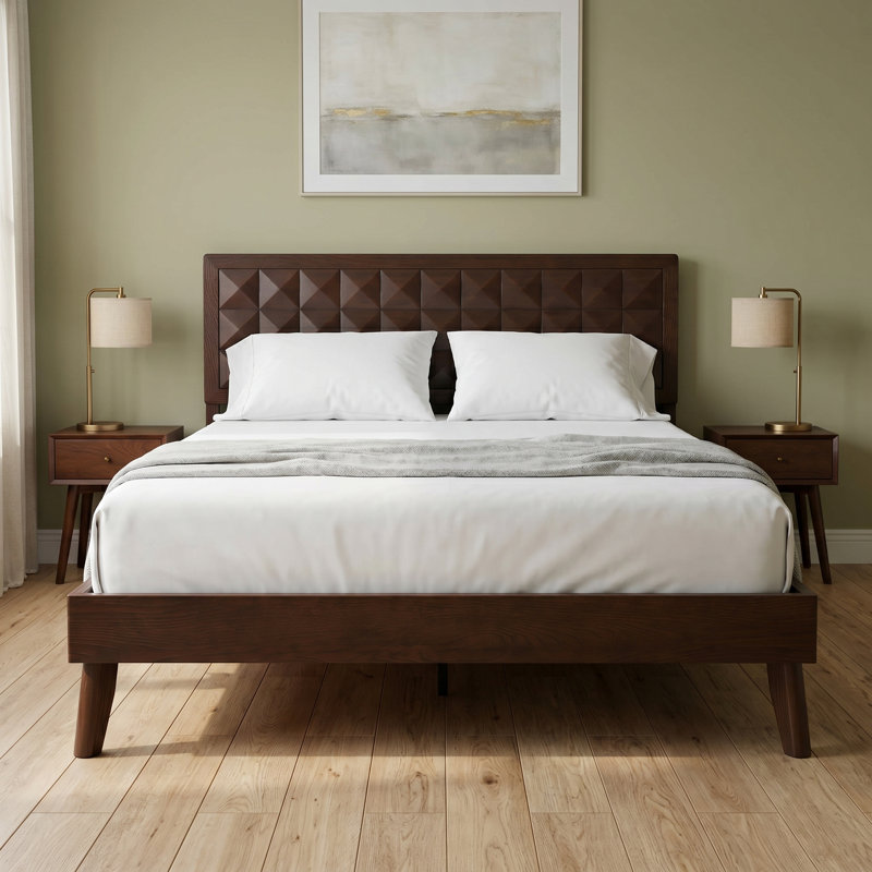 Lit plateforme en bois massif Diamonr Mid-Century avec tête de lit Diamond, Chêne espresso, Très grand lit