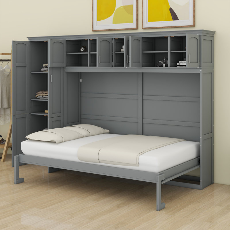 Murphy Bed Wall Bed With Cabinets, Gray