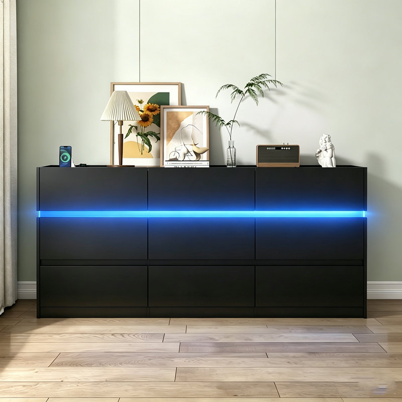 Commode 9 tiroirs avec lumières DEL et station de charge, Noir, noir, noir, noir