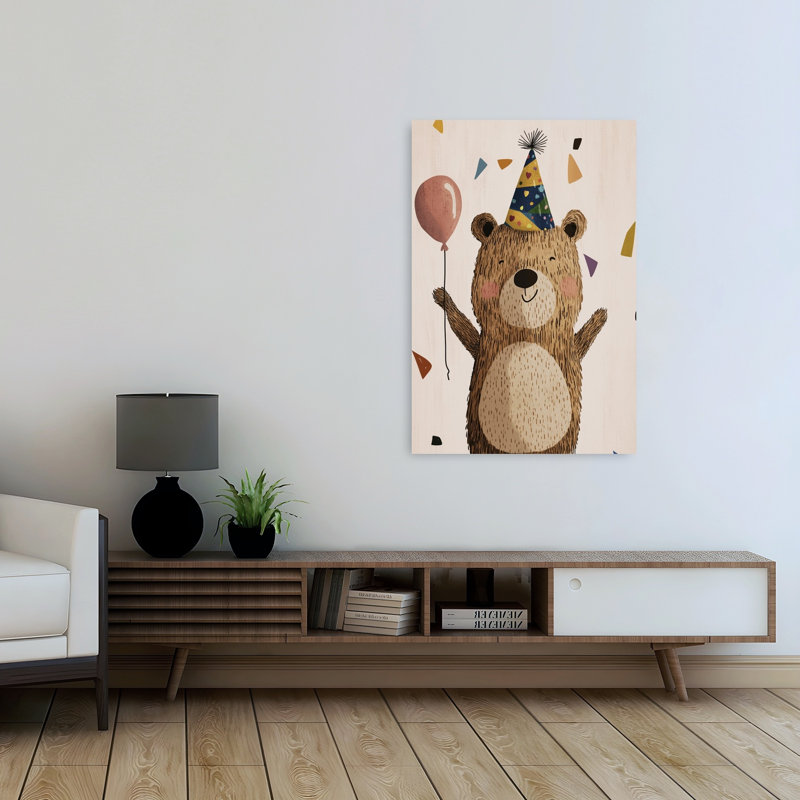 Happy Birthday Bear Playful Whimsical Contemporary Bear Wall Art Print by Mathieu - Wrapped Canvas Print
