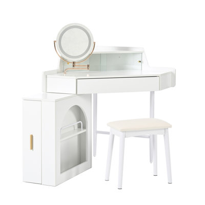 Corner Makeup Vanity Desk With Mirror & LED Lights, Modern Vanity Set With Mirror And Stool, Dressing Table With Large Storage For Small Place, Bright