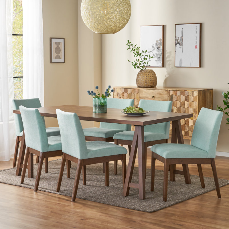 6 - Person Four Leg Dining Set, Walnut, Mint