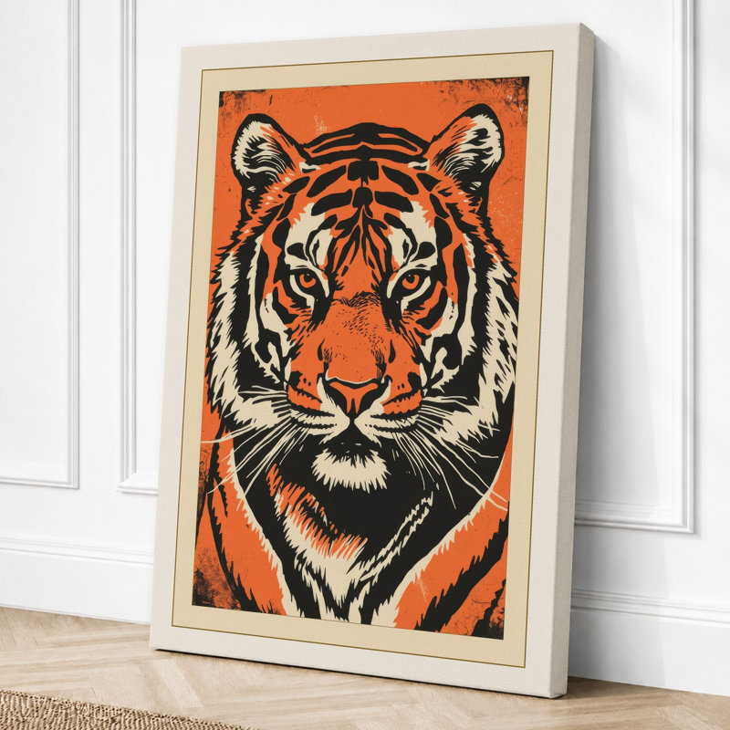 Tiger Face Direct Geometric - Wrapped Canvas, 18x12 - 45.7 x 30.5 cm, Cream Border