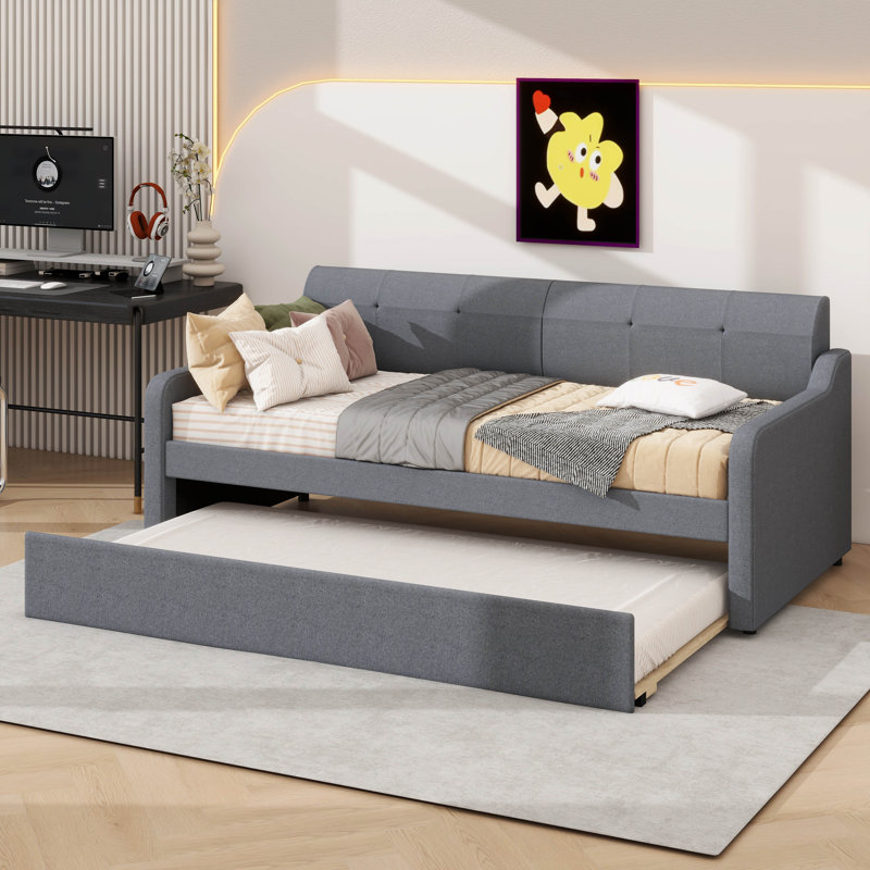 Lit de jour simple rembourré avec couchette pratique et ports de chargement USB, Gris