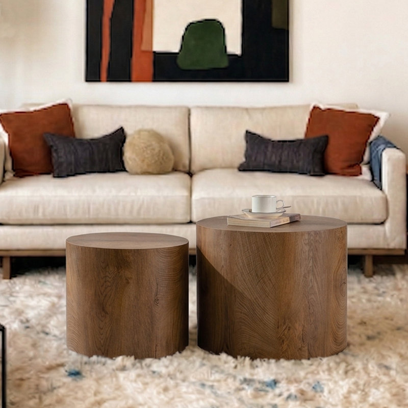 33.8" Set Of 2 Round Modern Nesting Wooden Accent Coffee Tables, No Assembly Required Space-Saving End Tables,Brown, Brown