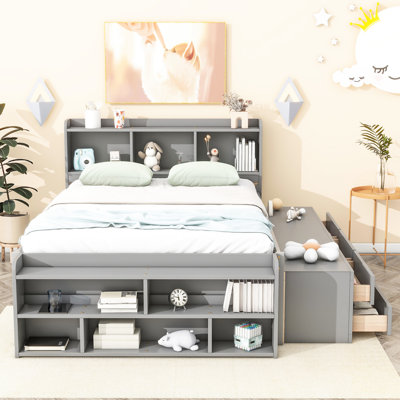 Grey Full Bed Featuring Multifunctional Bookcase Headboard And Storage Drawers In With Long-Lasting End