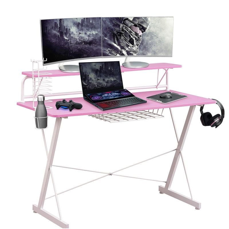Bureau d'ordinateur TS-200 en fibre de carbone avec support, rose, Rose/Blanc
