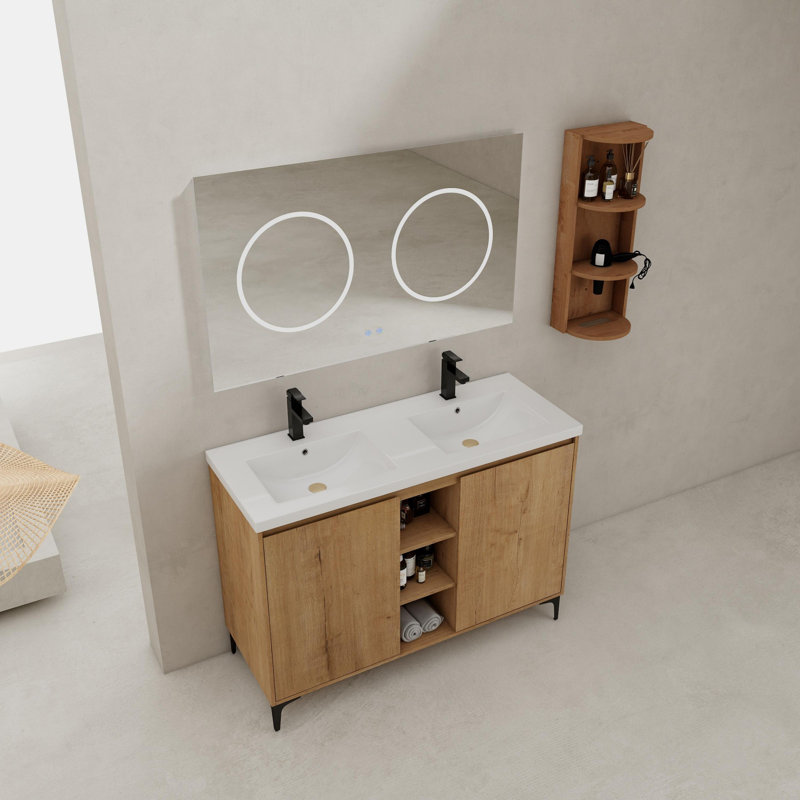 Meuble-lavabo autoportant avec lavabo double et support de rangement, portes à fermeture douce