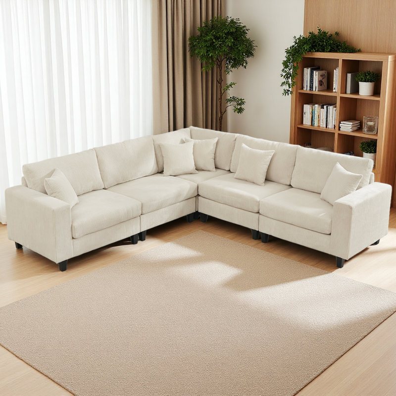 Modular Sectional Sofa Set, L Shaped Couch,Corduroy ,Upholstered,Deep Seat,,5 Seat,5 Throw Pillow And 6 Back Cushion, Beige
