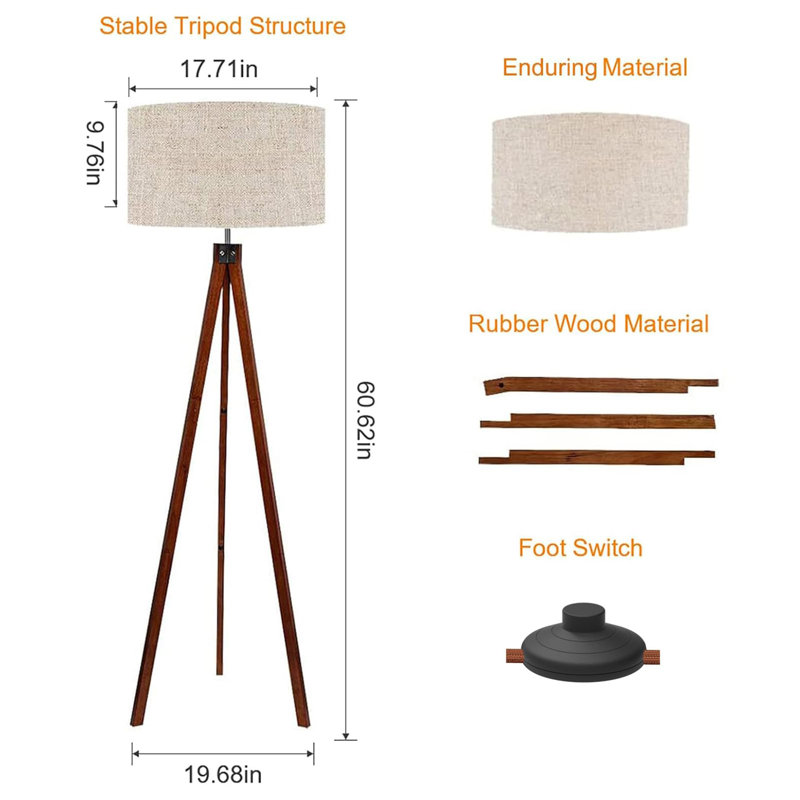 Wood Tripod Floor Lamp, Mid Century Standing Lamp, Modern Design Studying Light With E26 Lamp Base, Brown