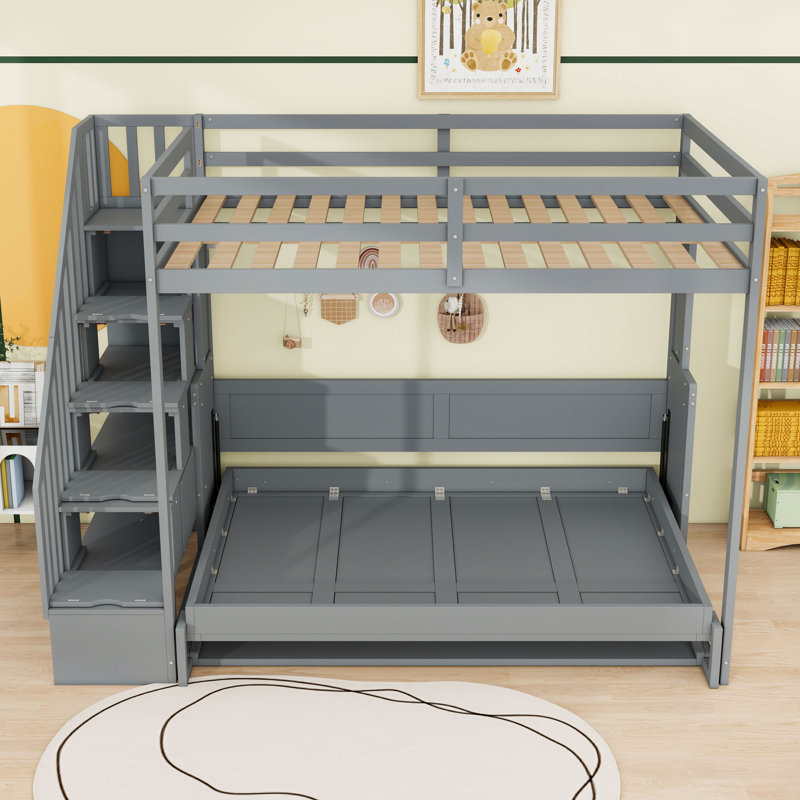 Full Over Full Bunk Bed With Shelves And Storage Staircase, Grey