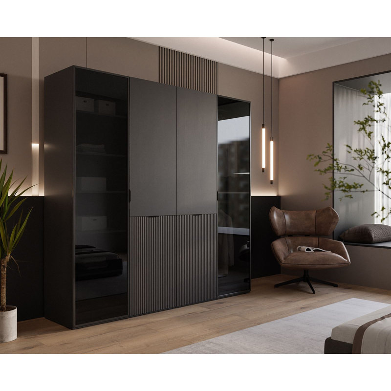 Manufactured Wood Wardrobe, Black Graphite/Black Glass