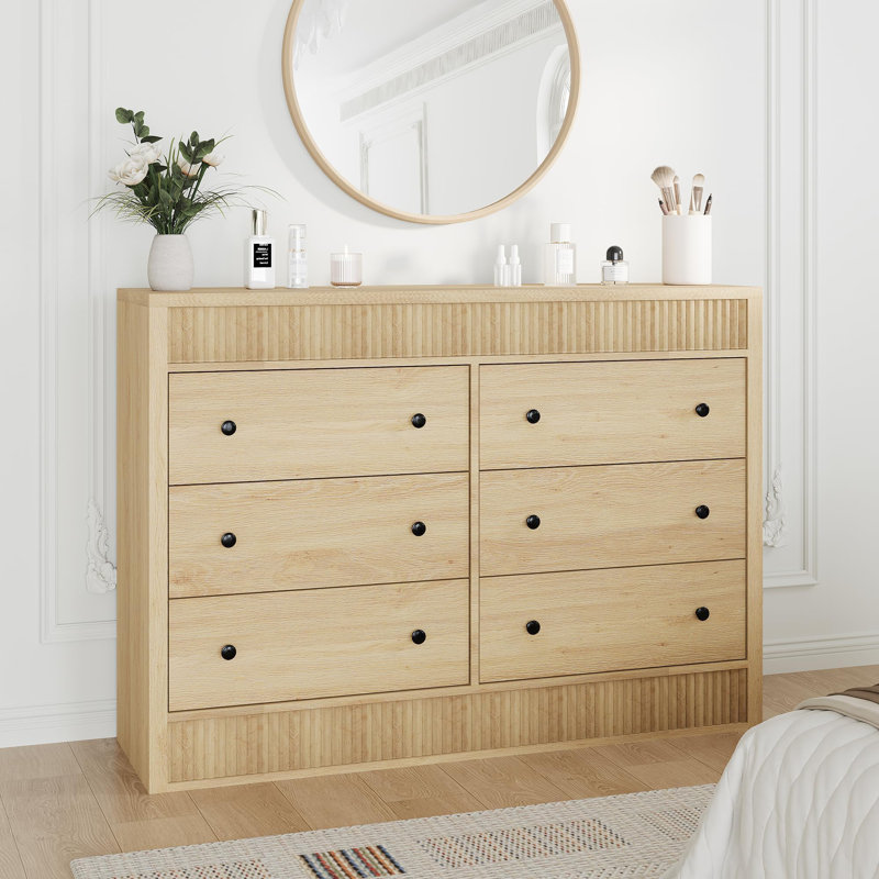 Fluted 6 Drawer Wooden Dresser, 47" Wide Modern Storage Chest for Bedroom or Living Room, Natural